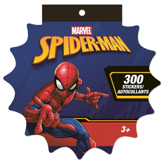 Spider-Man™ Jumbo Die Cut Sticker Book with a die-cut cover shaped with wavy edges featuring Spider-Man in a crouched pose on a blue cityscape background, containing 300 stickers on 8 sheets, suitable for ages 3 and up, ideal for scrapbooking and paper crafts.