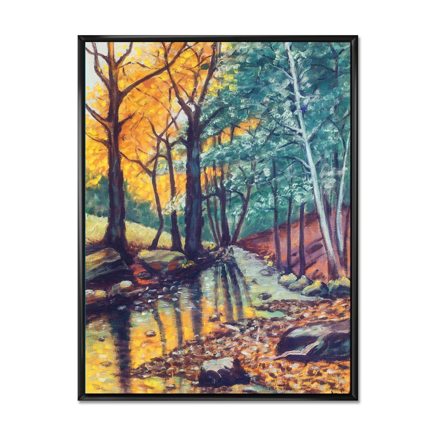 Designart paysage, à, rivière, dans, forêt automne, coucher soleil ART MURAL À CADRE FLOTTÉ