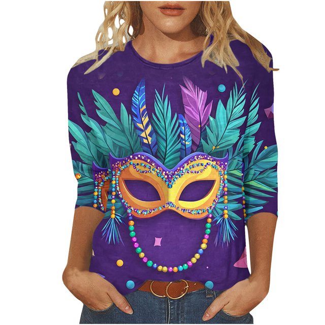 Penkiiy Blouse Carnaval Manches 3/4 Chemise de Printemps Quotidienne Tee Imprimé Masque Blouse Mardi Gras Col Rond 2024 Tee Tunique Habillée TG Multicolore