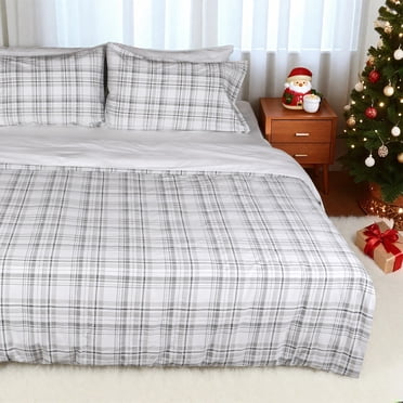 Gogreen 100% Cotton Christmas Duvet Cover Set - 3 Piece Soft Breathable Bedding Set, All Season Comforter Cover with Zipper Closure & Corner Buttons (Christmas Plaid, Queen Size)