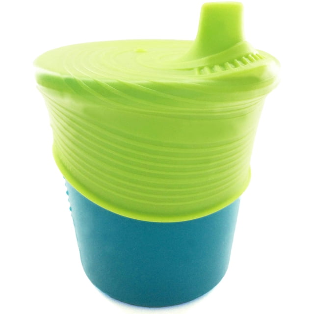 Silikids Silicone Sippy Cup Set with a blue silicone cup and lime green flexible silicone sippy top featuring a soft spout and embedded stainless steel ring to prevent collapsing, dishwasher and microwave safe, ideal for spill prevention at home or travel.
