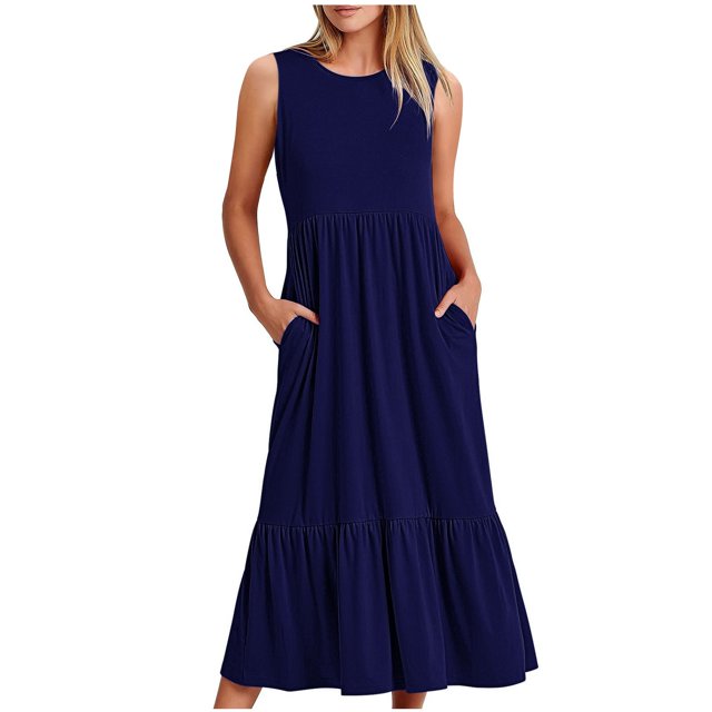 AherBiu Robes d'Été pour Femmes Décontractées Amples Sans Manches Robe Midi avec Poches Confortables à Volants Robes Soleil
