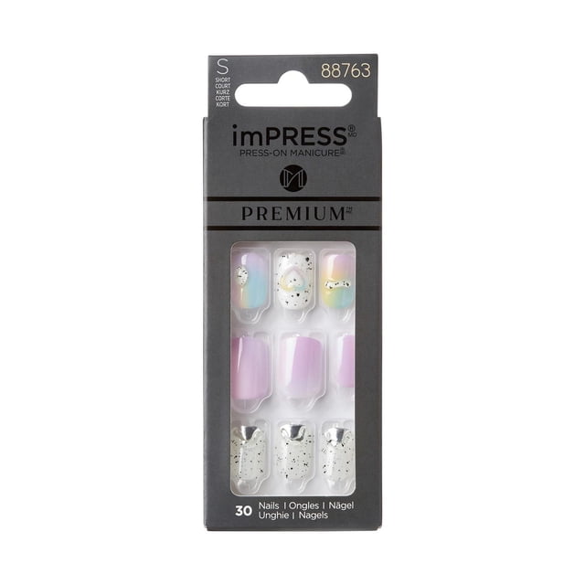 KISS ImPress Premium - Fake Nails, 30 Count, Short, in black packaging with a clear window displaying short press-on nails featuring pastel purple, iridescent aurora effect, and white nails with black speckles and silver V-cut stone details, designed for easy application and lasting up to 7 days, suitable for quick salon-quality manicures at home.
