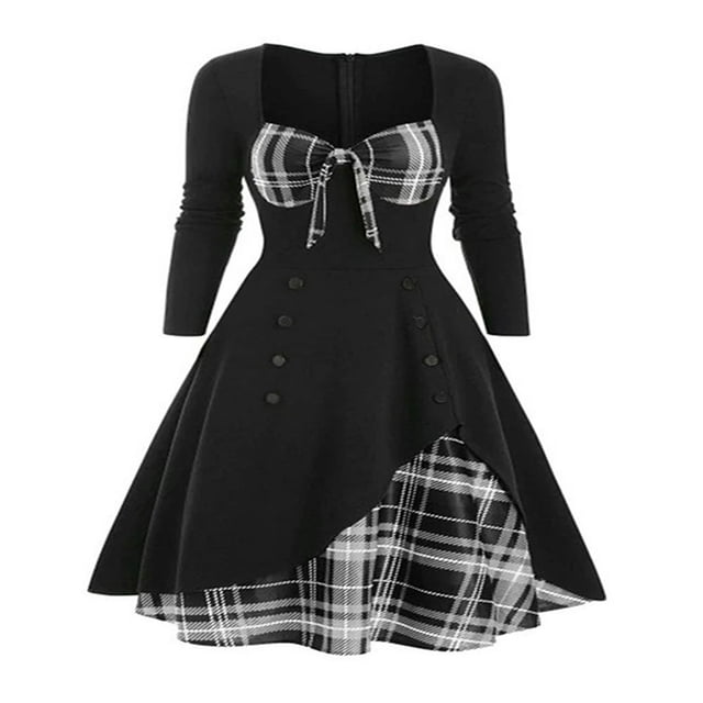 Women‘s Spring Autumn Patchwork Dress Long Sleeve Square Neck Plaid Zipper A-Line Dress
