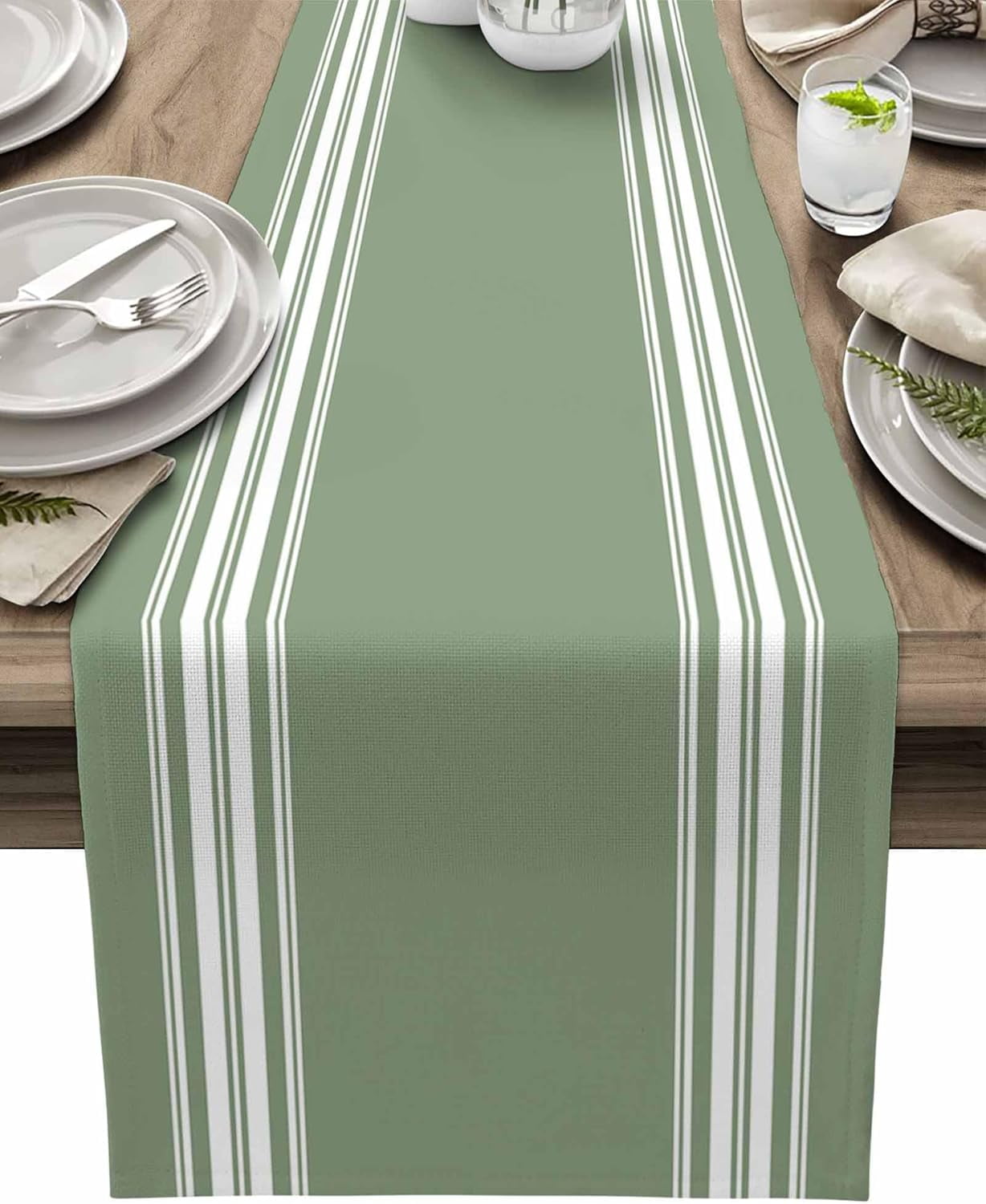 Sage Green Stripes Cotton Linen Table Runner 13x72 Inches, Burlap Cloth, Machine Washable, Perfect for Dining Room Coffee Holiday Party Wedding Events