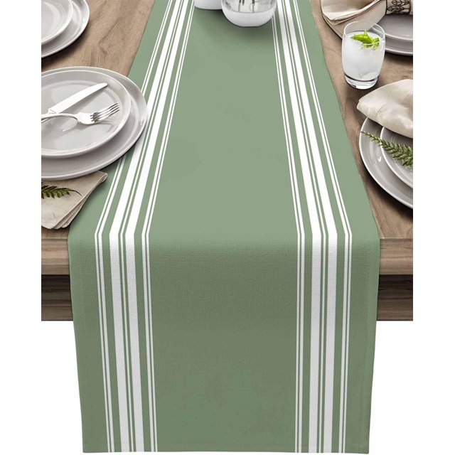 Sage Green Stripes Cotton Linen Table Runner 13x72 Inches, Burlap Cloth, Machine Washable, Perfect for Dining Room Coffee Holiday Party Wedding Events
