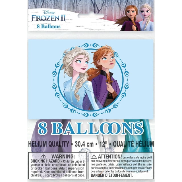 Disney Frozen Latex Balloons, 8CT featuring Anna and Elsa from Frozen II on 12-inch (30.4 cm) helium-quality balloons with a blue decorative border, suitable for Frozen themed birthday parties, includes choking hazard warning.