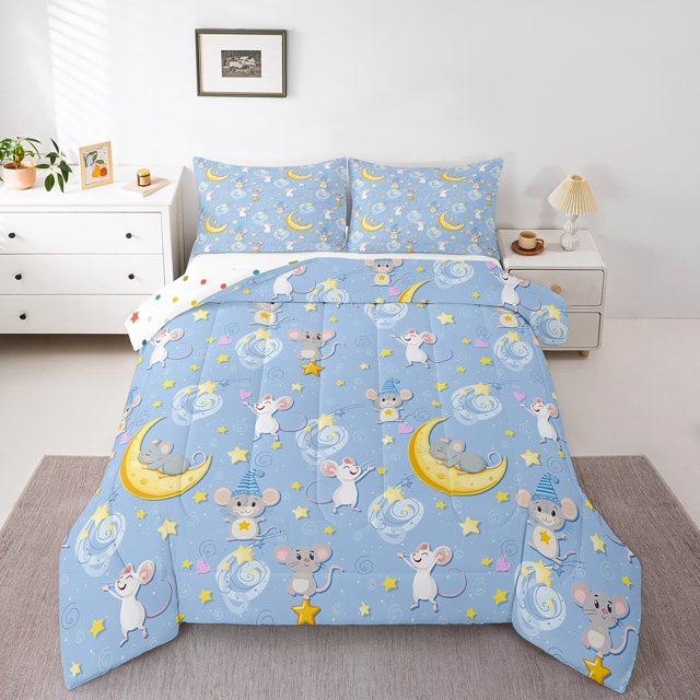 Erosebridal Cartoon Mouse Mice Bedding Queen Comforter Set, Star Moon Print Down Comforter, Blue, Reversible 3 Pieces