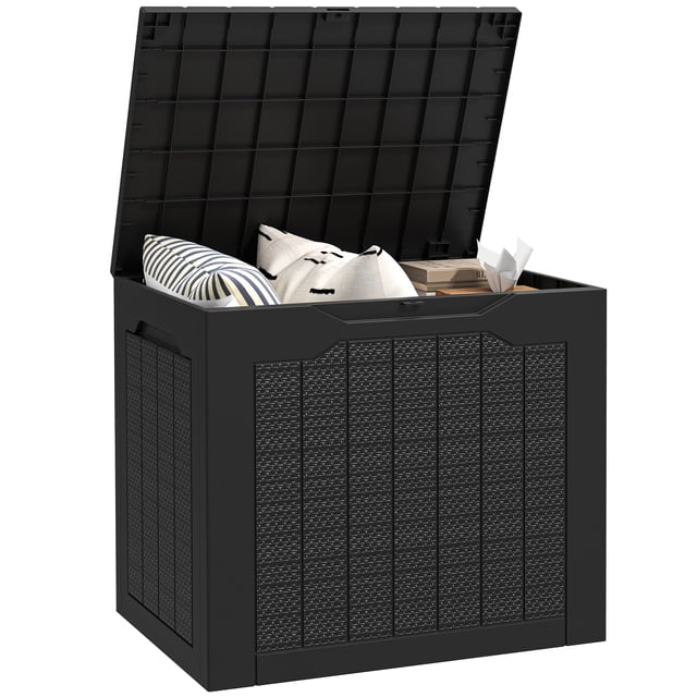 Outsunny 28 Gallon Outdoor Deck Box, shown in black with a textured panel design. The waterproof and UV-resistant patio box is open, revealing stored items like cushions and books. Features include recessed handles for portability, a built-in padlock loop for security (lock not included), and durable weatherproof polypropylene construction. Dimensions are 22 inches long, 16.1 inches wide, and 19.7 inches high.