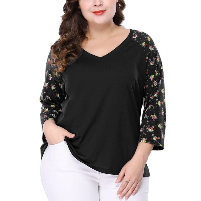 GRACE & GRANDEUR Chemises Blouse pour Femmes Grande Taille Col en V Manches 3/4 Raglan à Fleurs Décontracté Printemps Automne Hauts 5X Noir