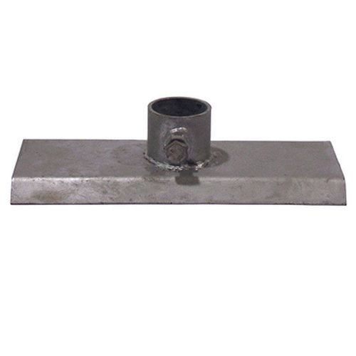 Dock Base Plate made of galvanized steel measuring 6 by 12 inches, featuring a flat rectangular base with a welded cylindrical pipe holder, ideal for heavy-duty dock and skirted dock applications in boats and water sports dock supplies.