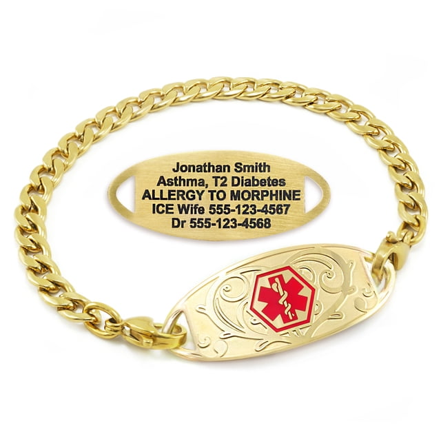 MedicEngraved Yellow Gold Stainless Steel Custom Medical Alert Bracelet - 5mm Curb Link