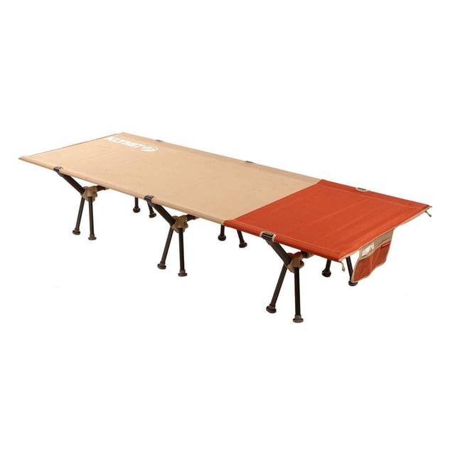 Klymit Mesa Camping Cot Large - Red with beige and red fabric stretched over a black aluminum trapezoid frame supported by multiple legs, featuring an easy lever lock system and a gear pocket, designed for durable, comfortable elevated camping rest.