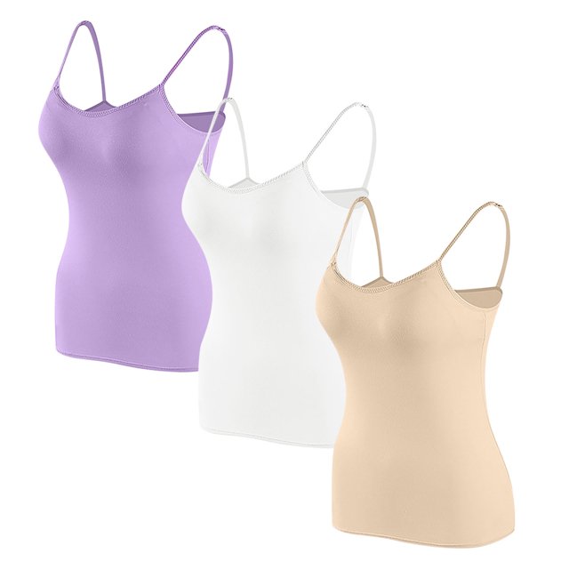 Timegard Camisoles pour Femmes 3 Pcs avec Soutien-Gorge Intégré Col Rond Bretelles Spaghetti Ajustées Douces Maillots de Corps Décontractés Hauts de Pyjama