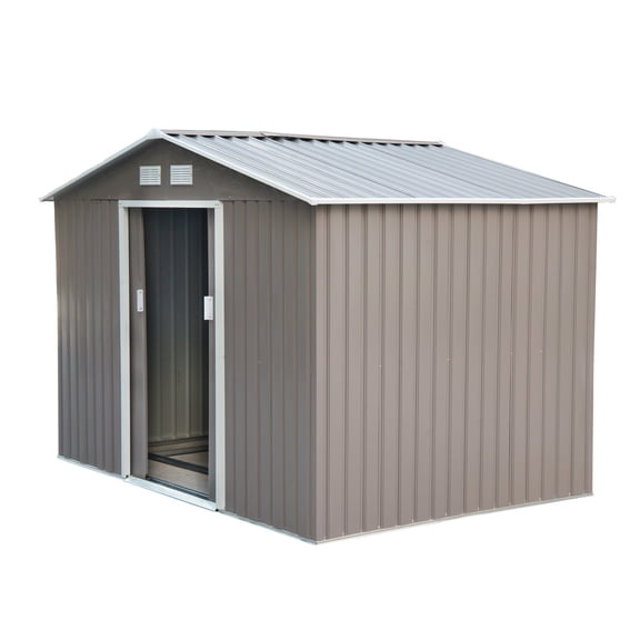 Outsunny 9.1'x6.4' Metal Garden Storage Shed w/ Floor Foundation, Double Sliding Doors, 4 Vents, Sloped Roof, Grey/White - Outdoor Yard Tool House