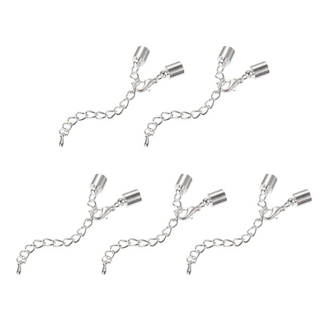 Unique Bargains 10Sets 6mm Leather Cord End Caps with Lobster Clasps & Extender Chain for DIY, Rhodium Tone