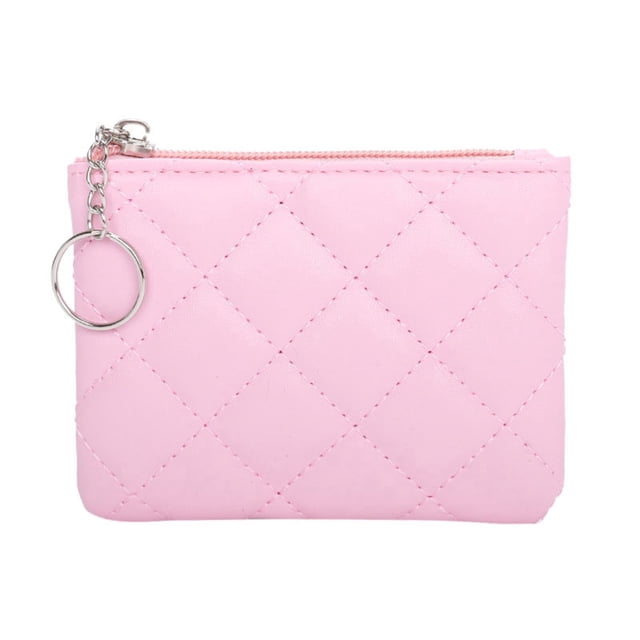 Ediodpoh Women's Mini Zip Purse Quilted Embroidery Small Wallet for Cards in pink PU material. Compact and stylish, featuring quilted stitching and a silver keyring zipper pull. Perfect for organizing cards and daily essentials, ideal as a women's accessory.
