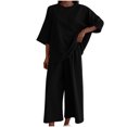 thumbnail image 1 of Mikilon Ensemble Élégant pour Femmes 2 Pcs Manches Courtes Couleur Unie Col Rond (Haut + Pantalon) Mode Manches Courtes Ensemble Chemise Col Rond Noir TG, 1 of 7