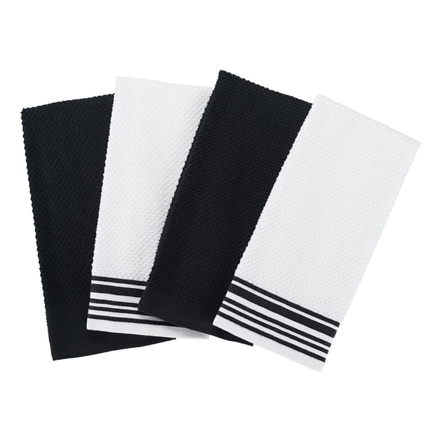Mainstays 4-Pack 16x26 woven kitchen towel set in black and white, featuring two solid towels and two with black striped borders, made from textured cotton for absorbent kitchen linens and dishcloth use, also suitable for general cleaning tasks.