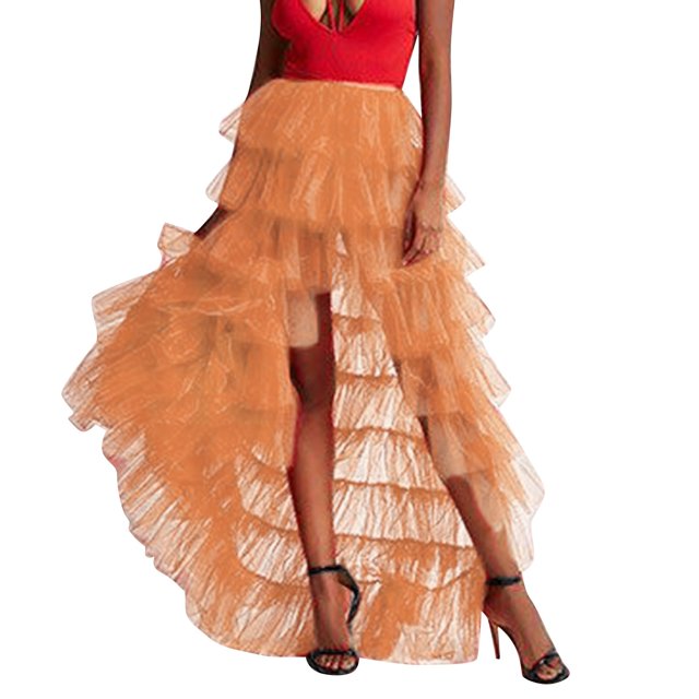 Jupe Longue Plissée Taille Haute à Volants en Tulle pour Femmes