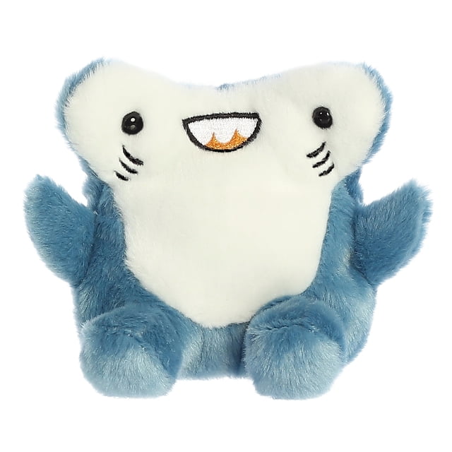 Aurora Palm Pals - Huddleston Hammerhead Shark 5-inch plush toy. This soft and fluffy hammerhead shark features a blue and white body with embroidered facial details, including a cheerful smile and small black eyes. Designed with high-quality materials and filled with bean pellets for stability, it is suitable for all ages. Ideal for cuddling or as a collectible plush.