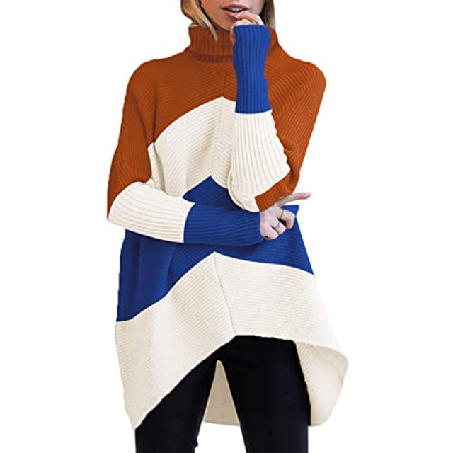 Chandail à Col Roulé pour Femmes Manches Chauve-Souris Longues Ourlet Asymétrique Pull Décontracté Tricoté