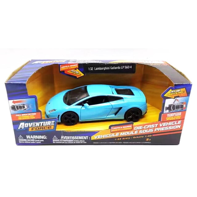 Die-Cast Vehicle 1:32 Scale Diecast Vehicle with Sounds & Lights, Pull Back Action, Interactive Front Doors Feature showing a blue Lamborghini Gallardo LP 560-4 model car in Adventure Force packaging, featuring black wheels, openable doors, and realistic sound and light effects, suitable for children aged 5 and up and collectors.