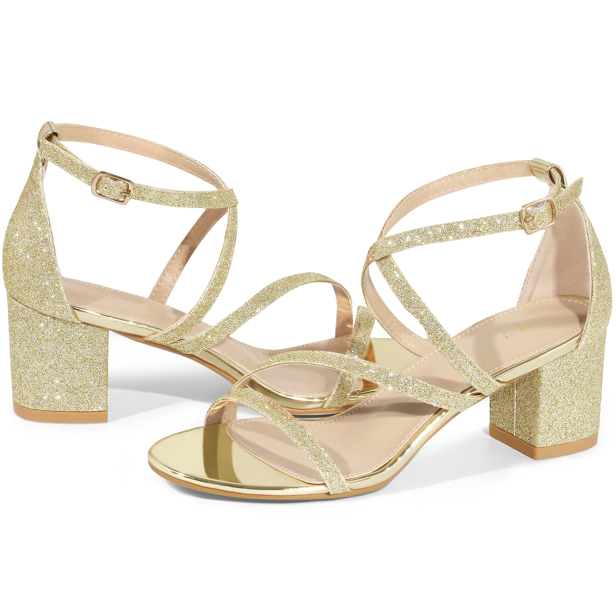 BLISSFUL STEP Sandales à Talon Épais à Paillettes à Brides Croisées pour Femmes
