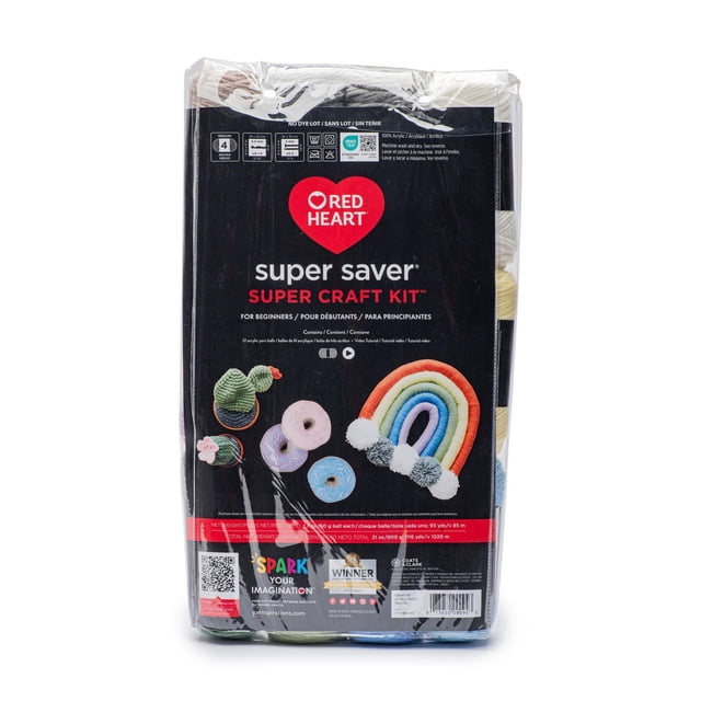 Red Heart® Super Saver® Super Craft Kit containing 12 balls of machine-washable acrylic yarn in assorted colors, packaged in clear plastic with black and red branding, featuring knitting and crochet gauge info, suitable for kids craft kits and beginner stitching projects.