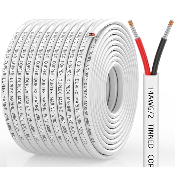 CONEPY 14 Gauge Marine Wire, 14/2 Duplex Marine Grade Cable, IP68 Waterproof/Oxygen-Free Tinned Copper Stranded PVC 14 AWG Wire for Boat, Automotive,