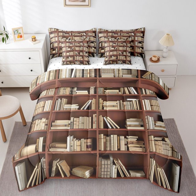 YST Library Bedding Set Twin 7 Pcs Study Bookshelf Comforter Set With Sheet Set For Kids Adults Book School Educational Theme Bed In A Bag With Throw Pillow Cover,Reversible