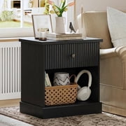 Modern Fluted Bedside Table - Drawer & Open Storage - Black Wood Grain Bedside Table - Sturdy Accent End Table for Bedroom or Living Room - Black