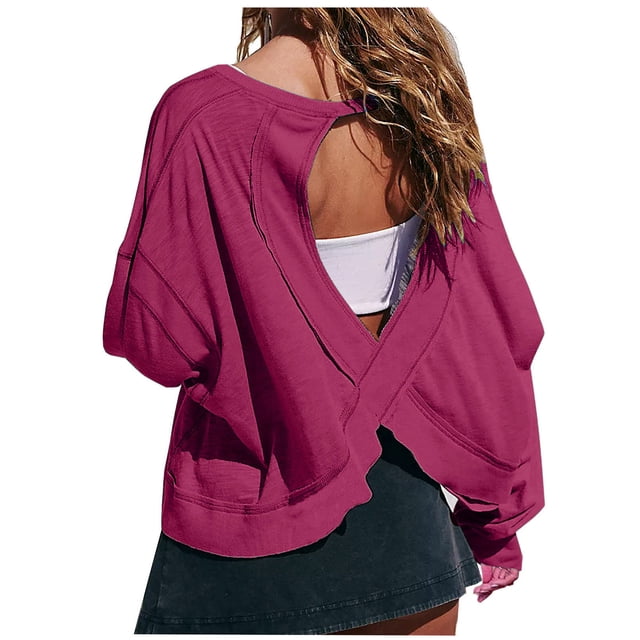 Timegard Womens Tops Drop Shoulder Backless Cutout Tops Fall Casual Loose Comfy Cropped Blouse Tee