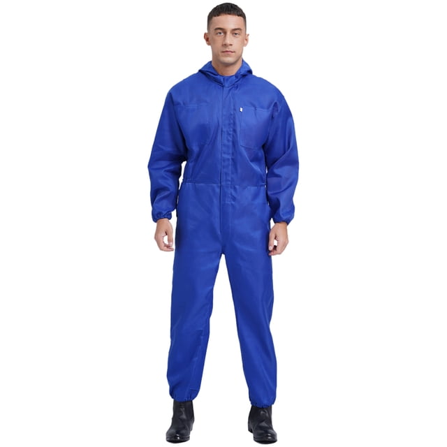 YONGHS Men's One Piece Dustproof Workwear Long Sleeve Work Overall Suit With Drawstring Hood Blue L/170