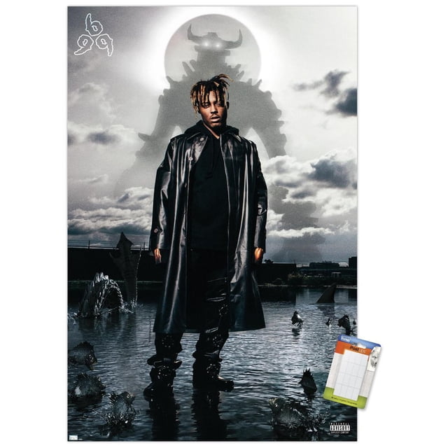 Juice WRLD - Fighting Demons Album Cover Wall Poster, 22.375" x 34" depicting a figure in a long black leather coat and boots standing in water surrounded by dark spiked creatures. Behind is a large robotic shadow with glowing eyes against a cloudy sky and bright circular light. The poster features stylized '999' text and a parental advisory label.