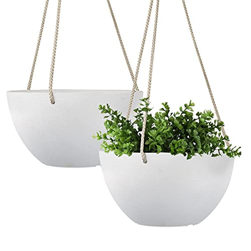 LA JOLIE MUSE White Hanging Planter Basket - 8 Inch Indoor Outdoor Flower Pots, Plant Containers with Drainage Hole, Plant Pot for Hanging Plants, Pack 2