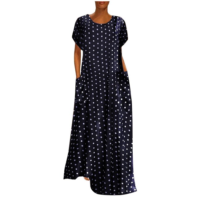 Fridja Robes Maxi à Manches Courtes Amples pour Femmes Grande Taille avec Poches et Imprimé à Pois