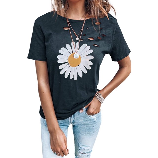 T-Shirt à Col Rond Déchiré à Manches Courtes pour Femmes Haut Mode Décontracté Été en Vrac T-Shirt de Couleur Unie