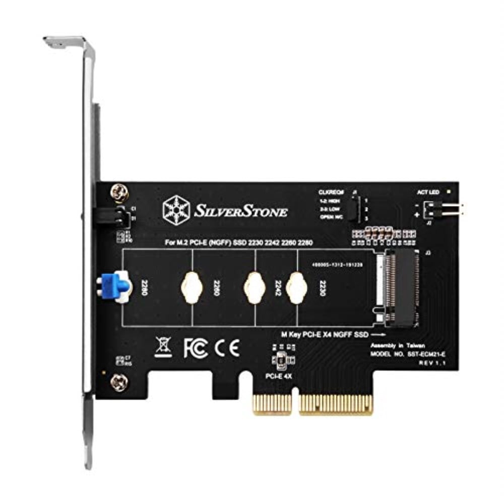 SilverStone Tech Inc ECM21-E M.2 PCIe NVMe SSD adapter card with Screwless design and CLKREQ# setting support.