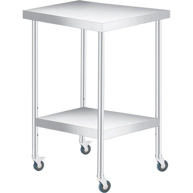 YUSAZENS Table de Rangement à Double Couche en Acier Inoxydable 201, Établi Mobile Chariot à Outils 24*24 Pouces+roues