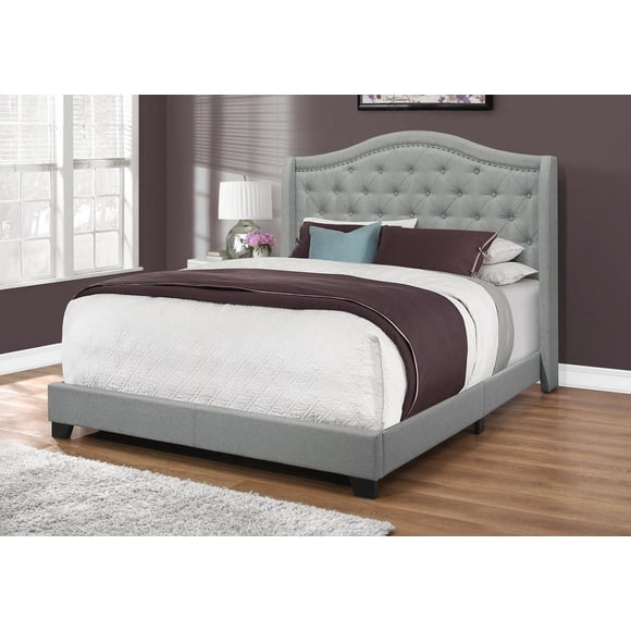 Monarch Specialties Lit, Grand, Plate-forme, Chambre À Coucher, Cadre, Rembourré, Velours, Pattes En Bois, Gris, Chrome, Traditionnel