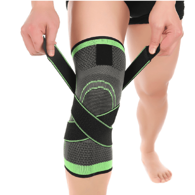 Meitianfacai Knee Brace for Knee Pain, Compression Knee Support, and Adjustable Knee Wrap with Side Stabilizers in green. The breathable nylon and spandex material features a fine mesh knit for durability and comfort. Shown being adjusted on a person's leg, it provides support for activities like running, climbing, and sports, and helps alleviate knee pain from conditions such as ACL injuries, arthritis, and meniscus tears.