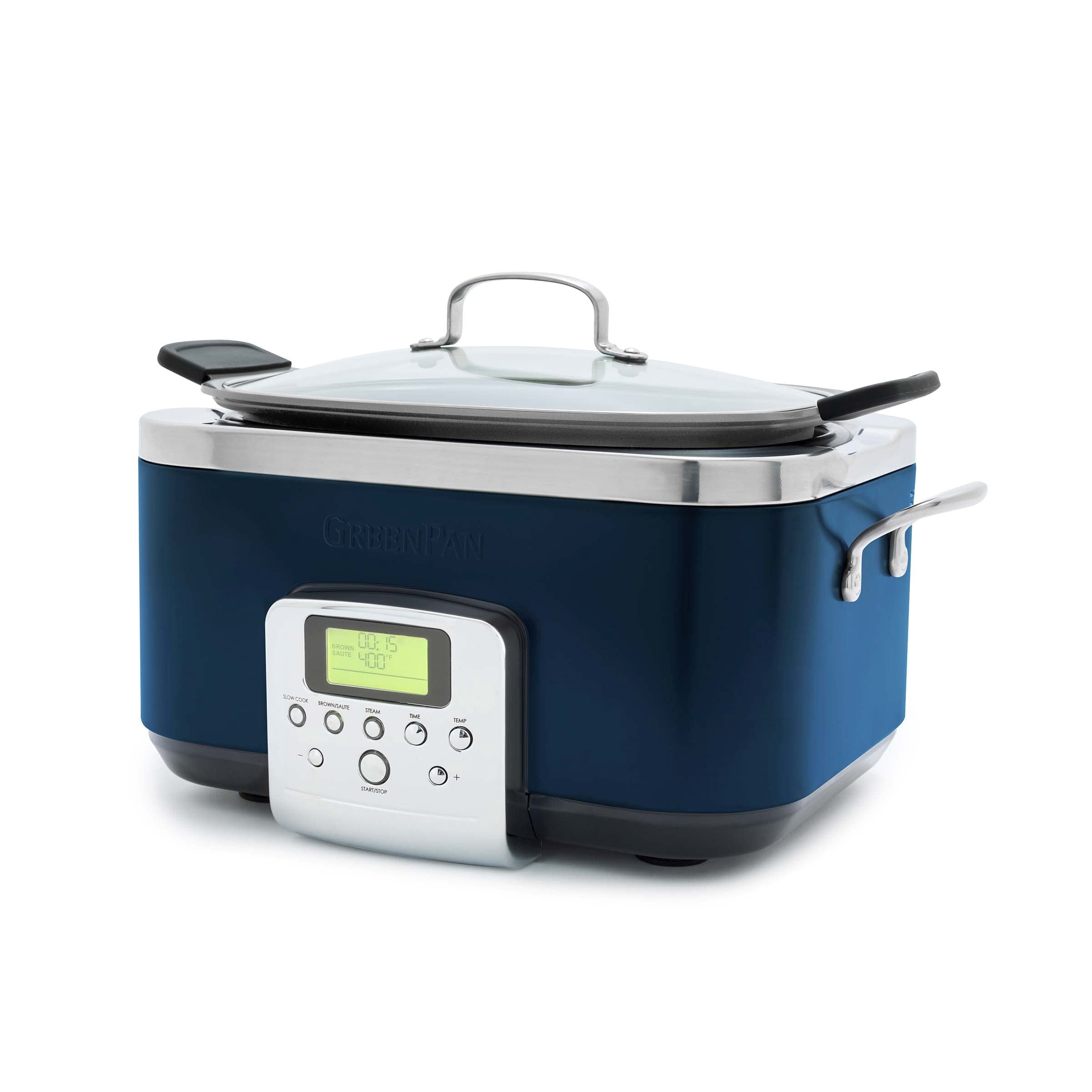 GreenPan Elite 8 - in -1 Programmable 6QT Electric Slow Cooker Dishwasher Safe Lid & Removable Crock PFAS-Free Healthy Ceramic Nonstick Multi-Cooker Sear Saut?/Brown Steam Basket Roast Oxford Blue