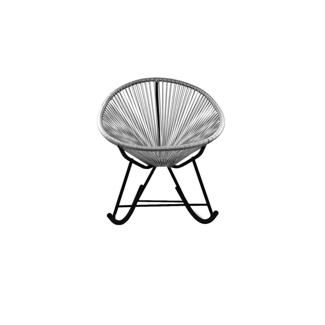 Acapulco chair Outdoor Wire Rocker Patio in Grey Metal Frame - Plata Import with a front-facing view of a grey wire string bowl-shaped seat supported by a black metal rocking frame, designed as a nursery rocking chair ideal for baby furniture and outdoor patio settings.