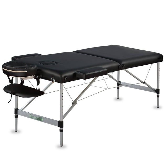 GreenLife® 2-Section 4" Classic Aluminum Super Stable Portable Massage Table - MTA121. This portable massage table features a sturdy aluminum frame, a black cushioned two-section surface, and an adjustable headrest. Lightweight and foldable, it is suitable for professional or home massage therapy.