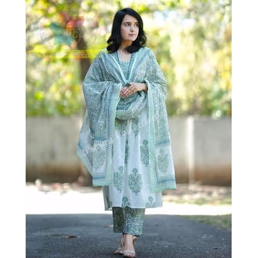 Aizza Trends Women's Cotton Febric Kurti With Pant and Dupatta Set