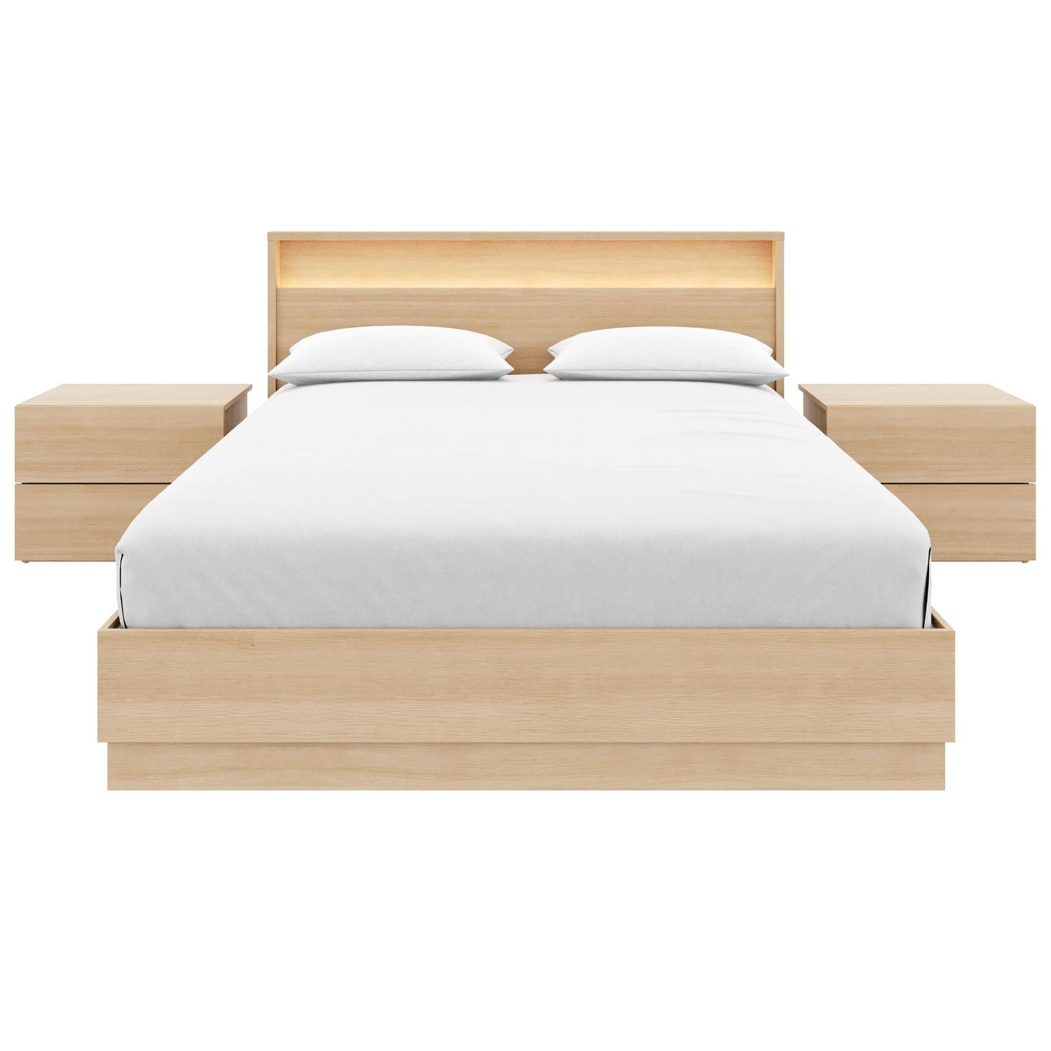 Chambre à coucher Hudson 4 pièces avec sommier à lattes, tête de lit avec éclairage intégré et 2 tables de chevet