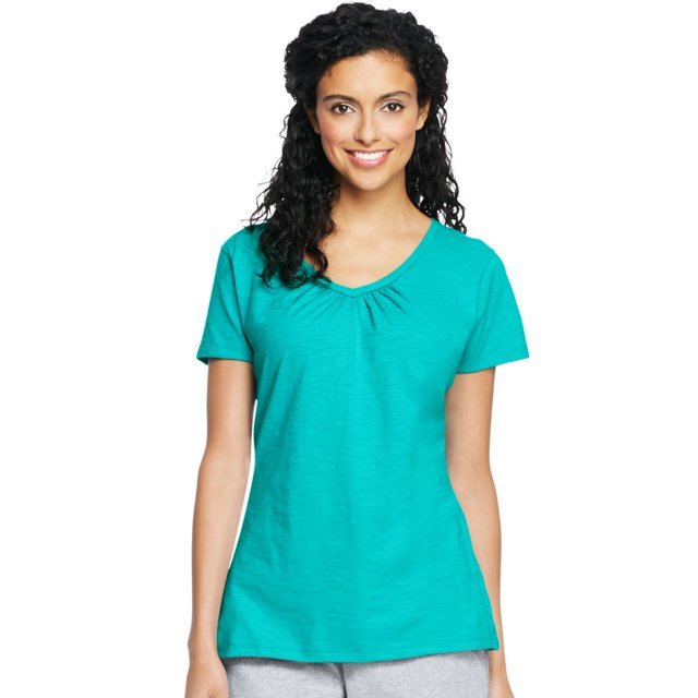 Hanes Maillot Flammé pour Femmes à Col en V Froncé, 2TG, Eco Teal