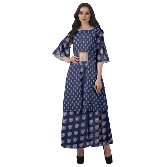 Moomaya Printed High Low Crop Top Kurti Palazzo Set Ethnic Indian Clothing Set For Womens