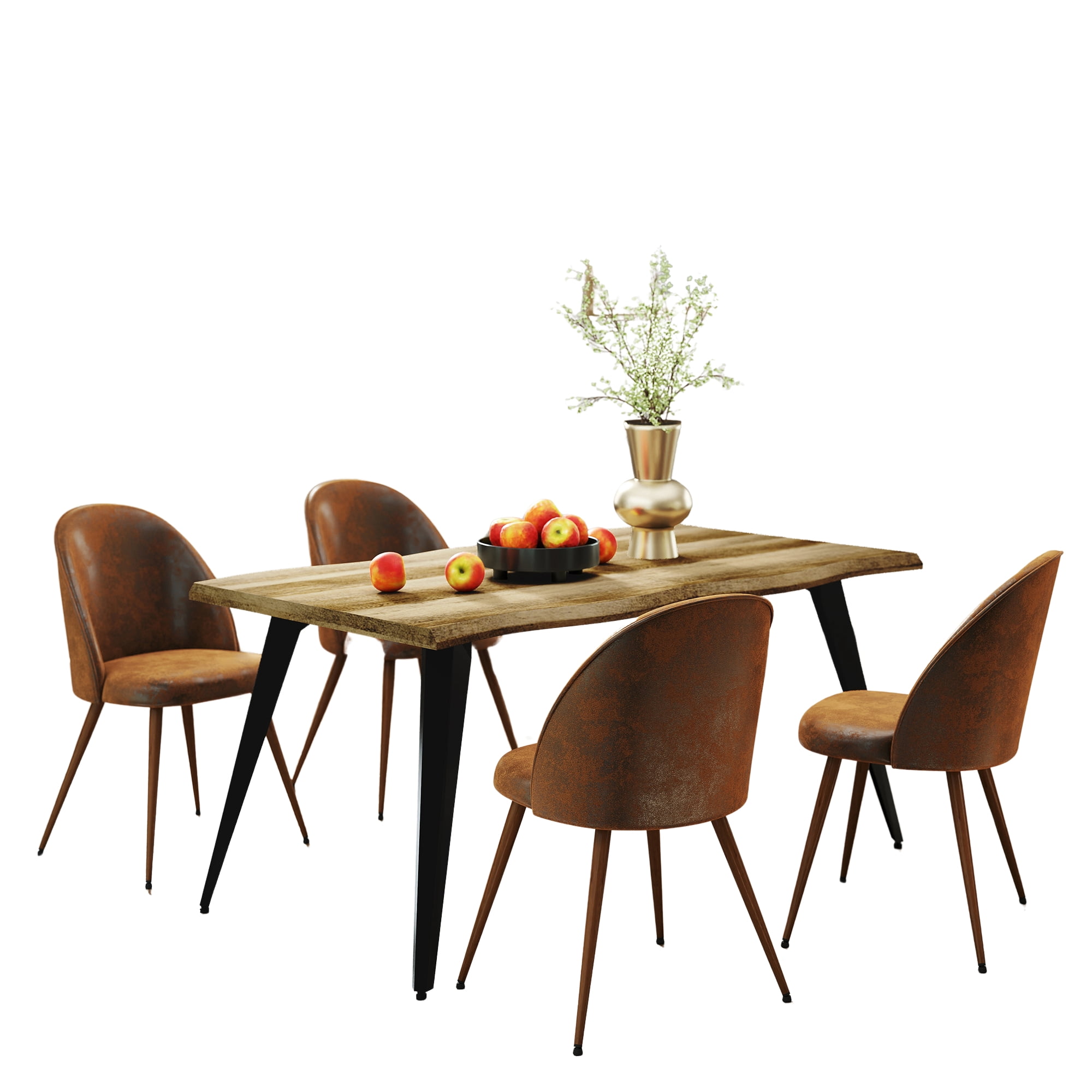 Homy Casa 5-Piece Dining Set, Walnut Wooden Kitchen Table with 4 Upholstered High-Back Brown Faux Suede Dining Chairs, Contemporary Live Edge Design